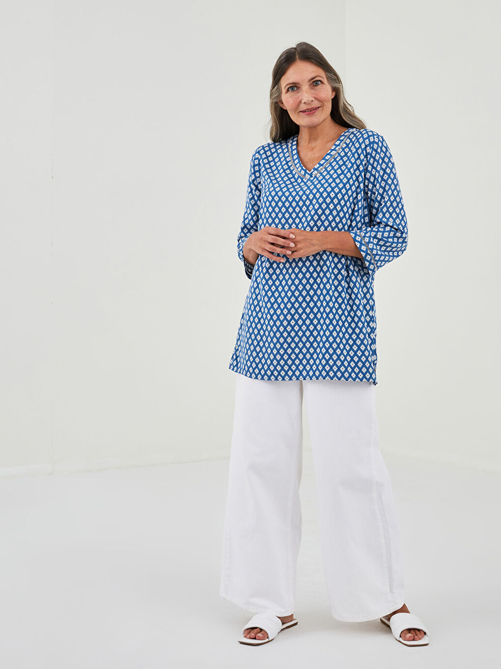 V Neck Patterned Viscose Women's Blouse-2