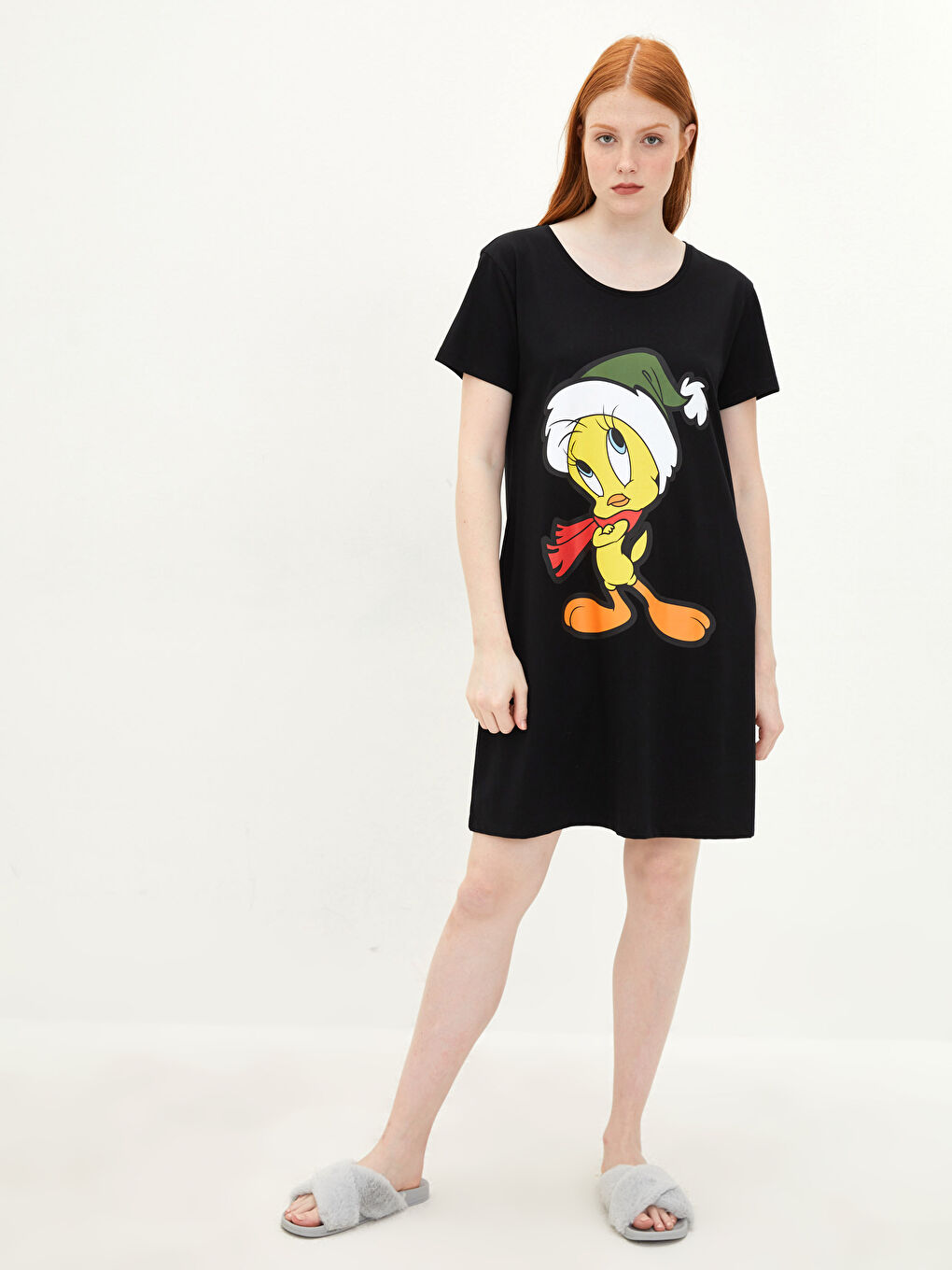 قميص نوم ياقة دائرية مطبوع تويتي كم قصير قطن للسيدات-1