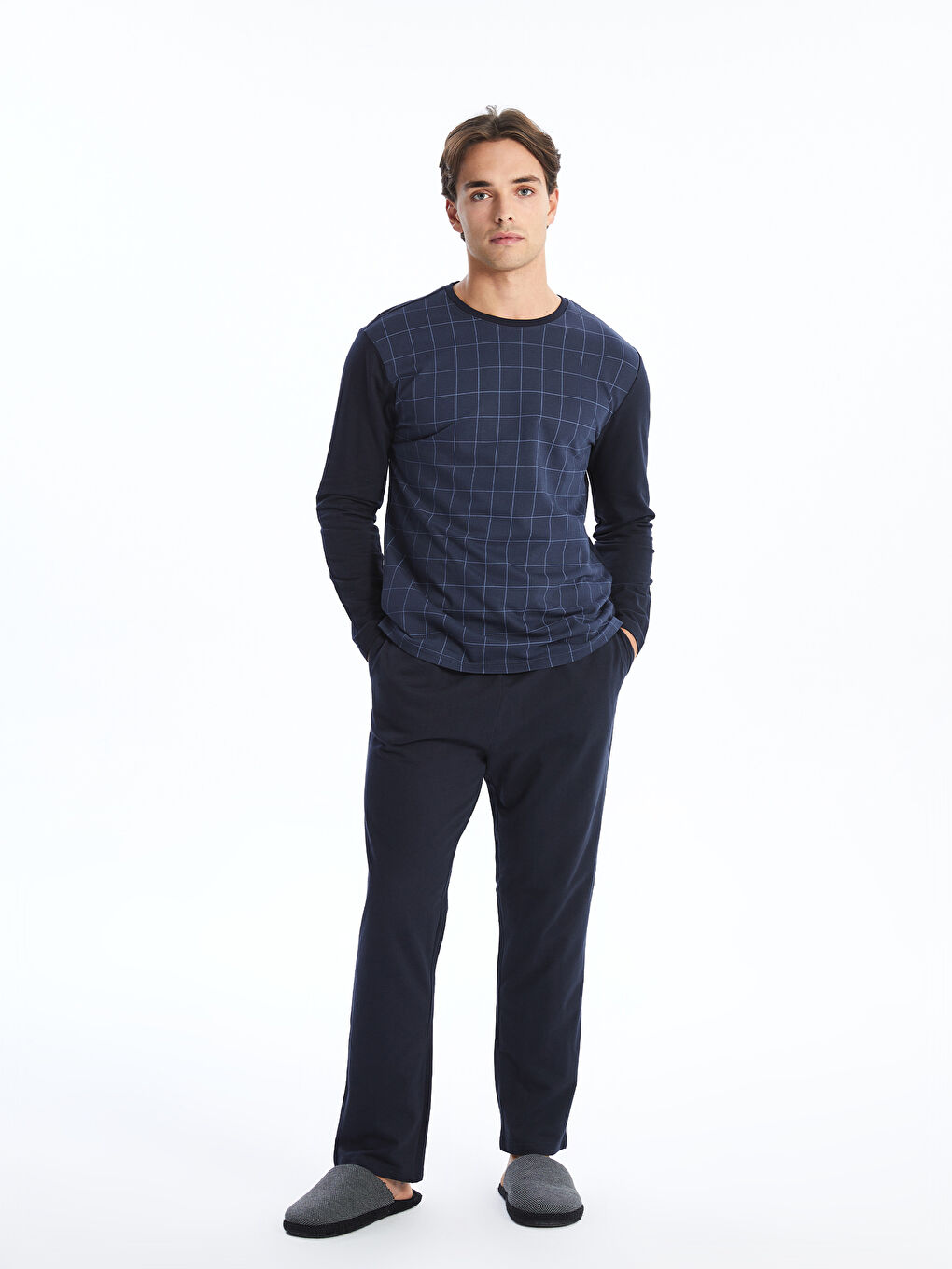 Lacivert Standart Kalıp Ekose Erkek Pijama Takımı-1