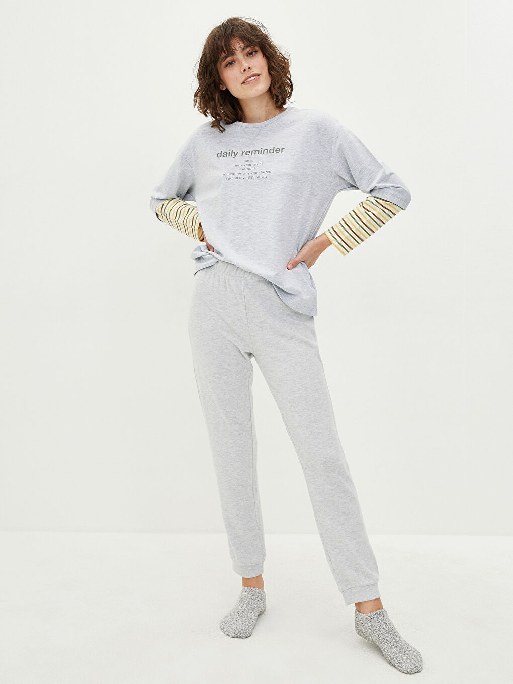 Gri Kadın Beli Lastikli Düz  Pijama Altı-2