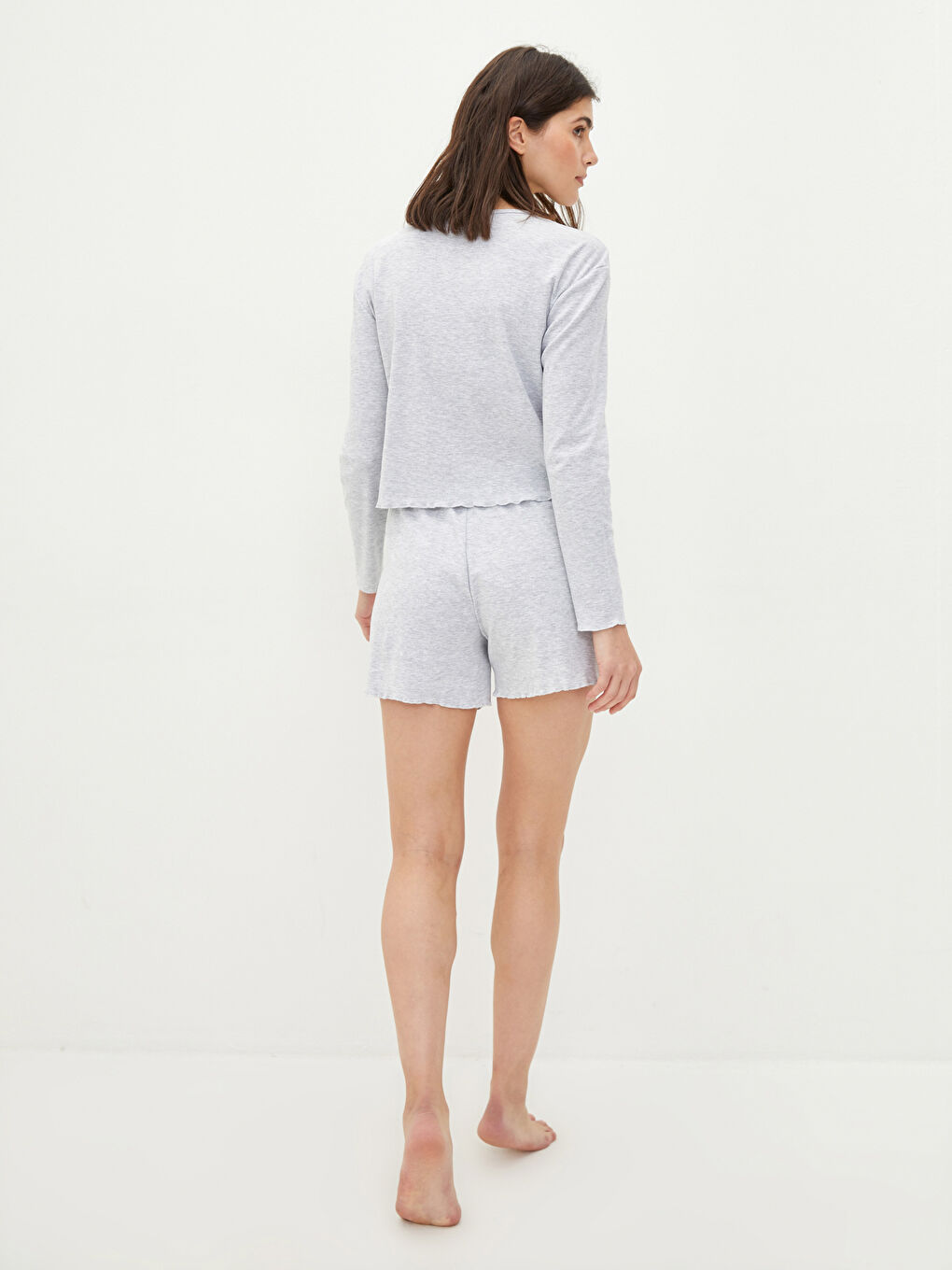 Ensemble Pyjama Court à Col Rond Manches Longues pour Femmes-4
