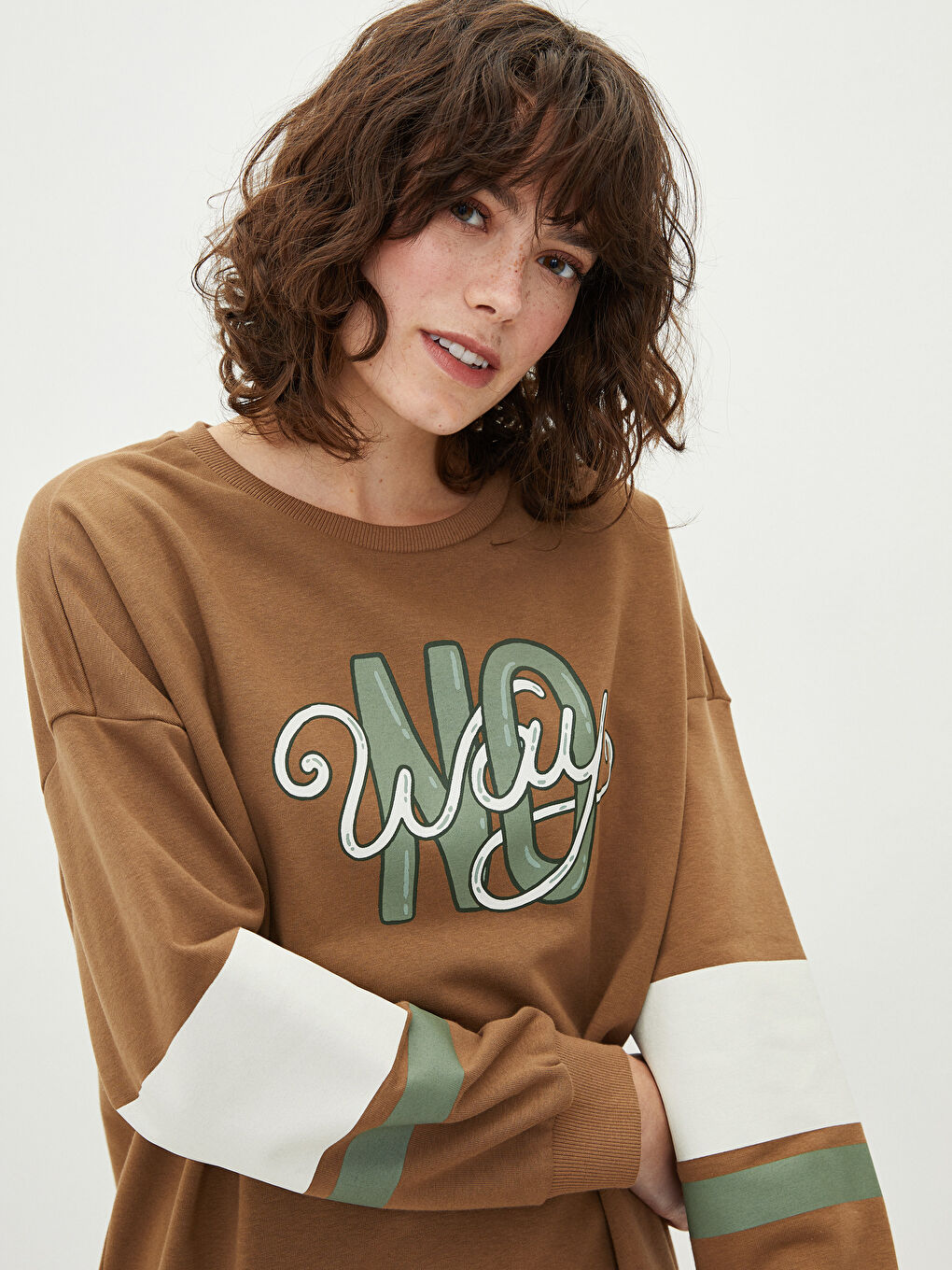 Kahverengi Bisiklet Yaka Slogan Baskılı Uzun Kollu Kadın Pijama Takımı-2