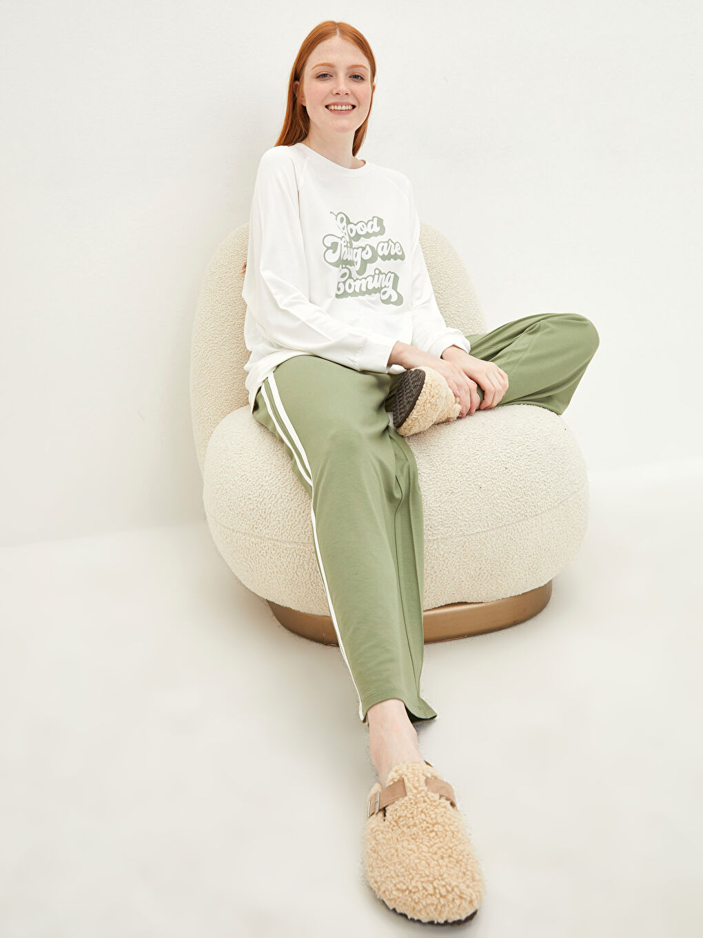 Crew Neck Slogan Printed Long Sleeve Women's Pajamas Set