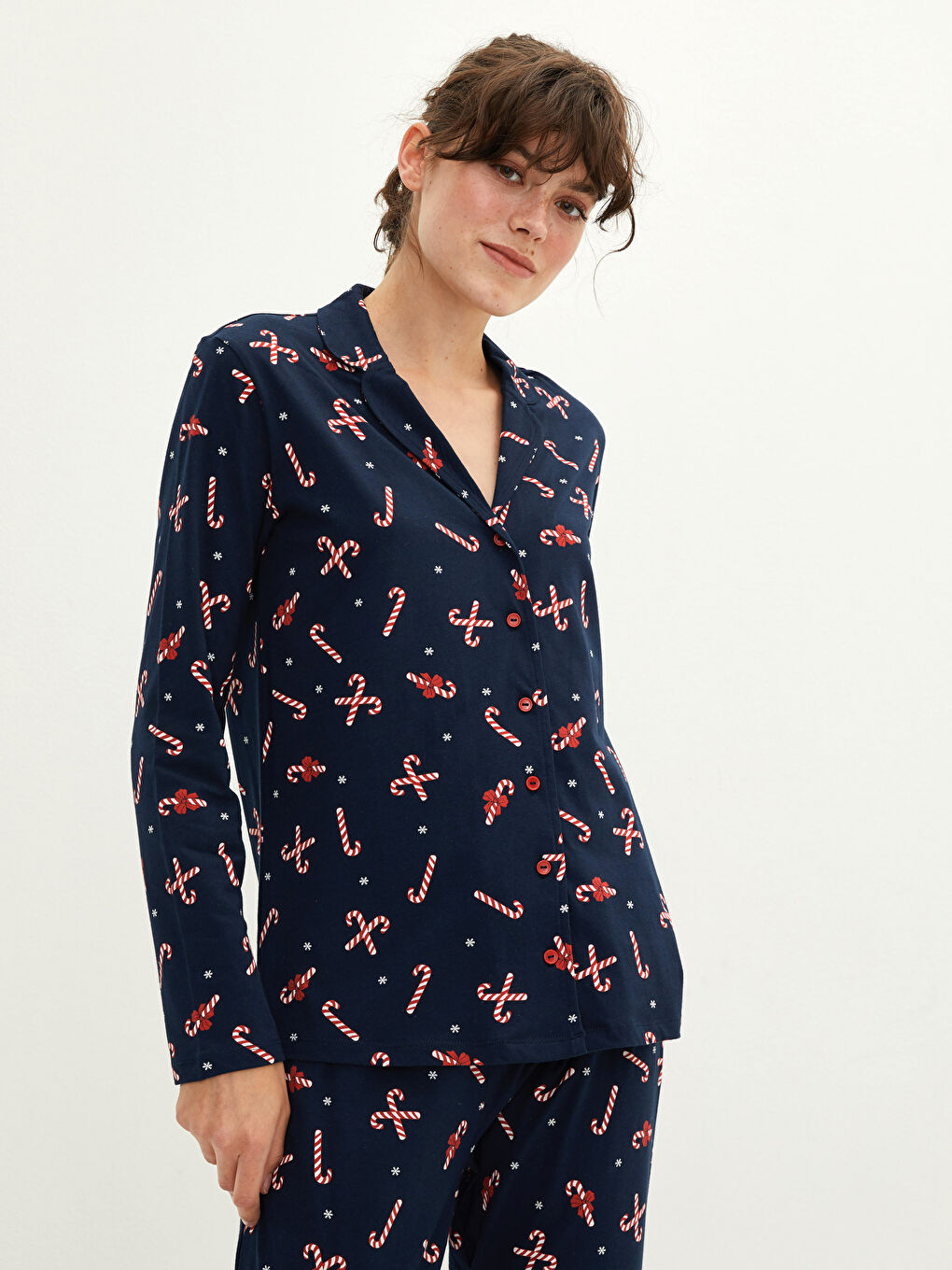 Set de pijama pentru Femei din Bumbac cu Mânecă lungă Tematică de Crăciun și Guler Jachetă-1