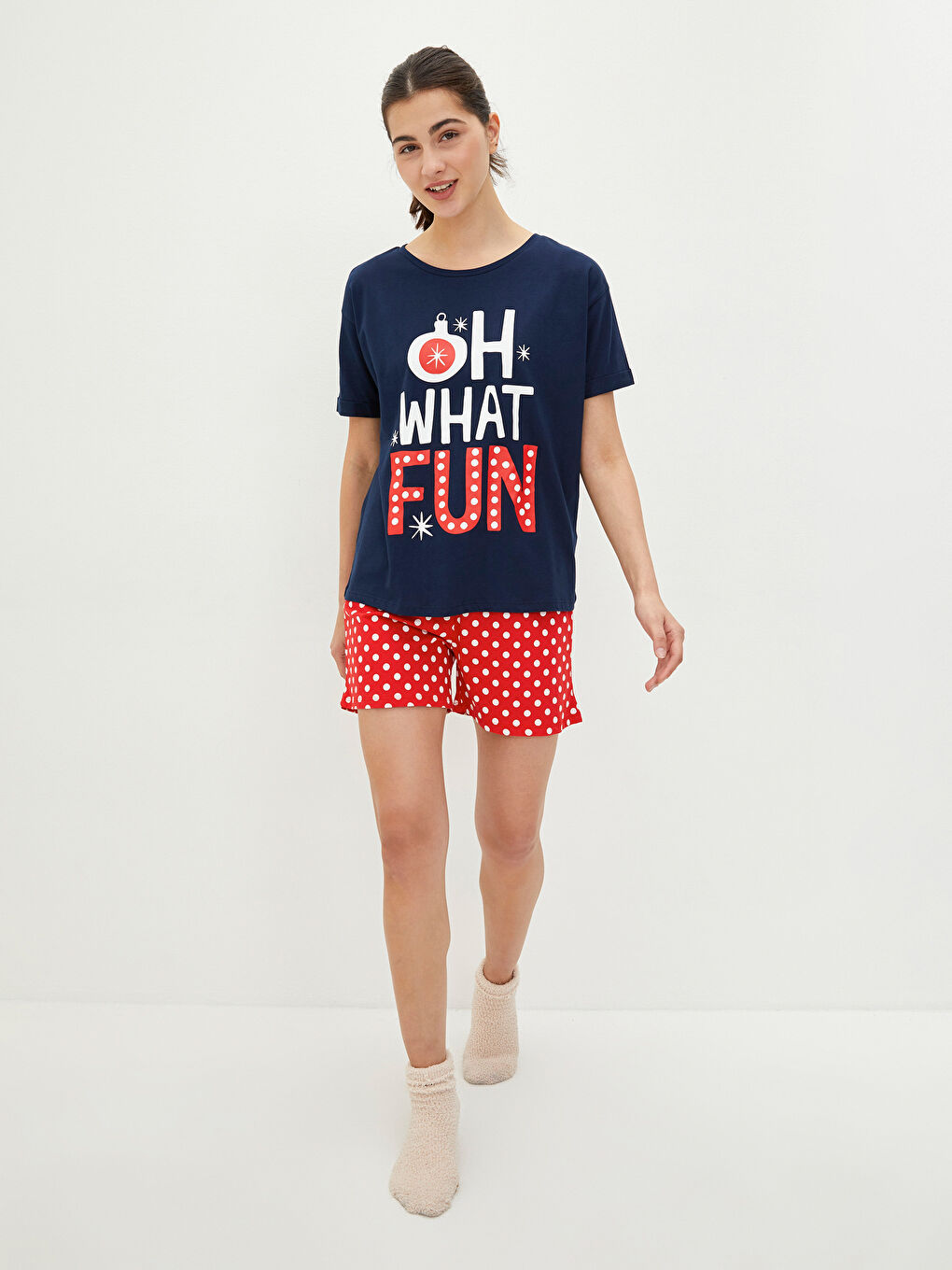 Комплект пижами за жени с къс ръкав и коледна тематика с кръгло деколте-2