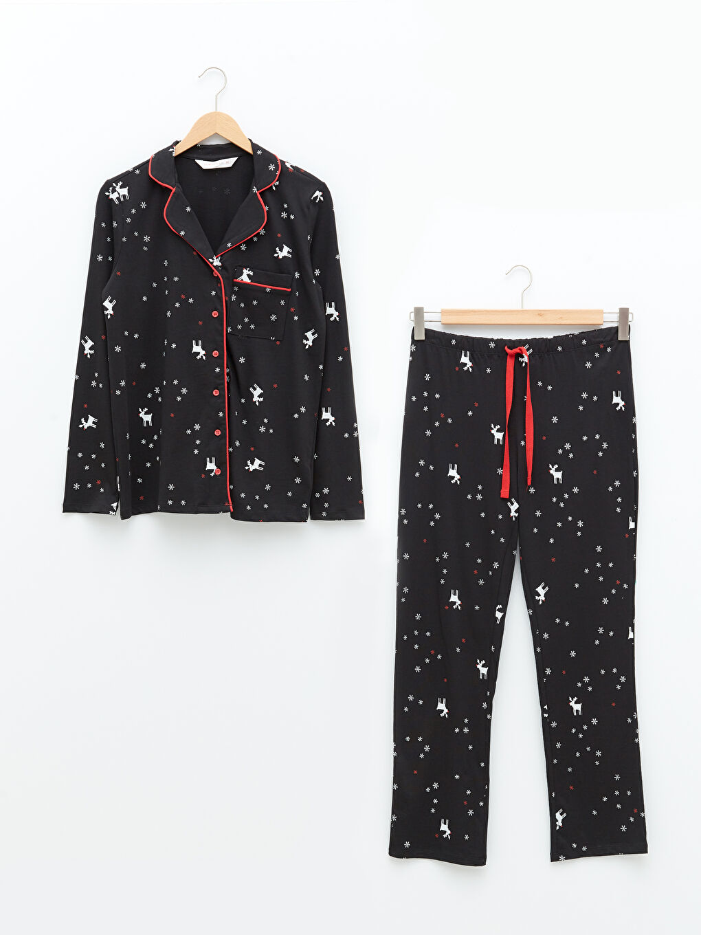 Shirt Neck New Year Themed Long Sleeve Cotton Women's Pajama Set