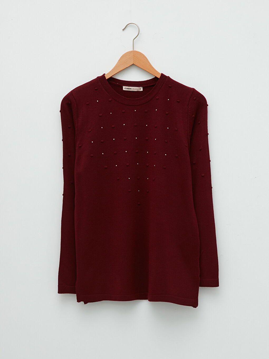 Bordo Bisiklet Yaka Kendinden Desenli Uzun Kollu Kadın Triko Kazak-5