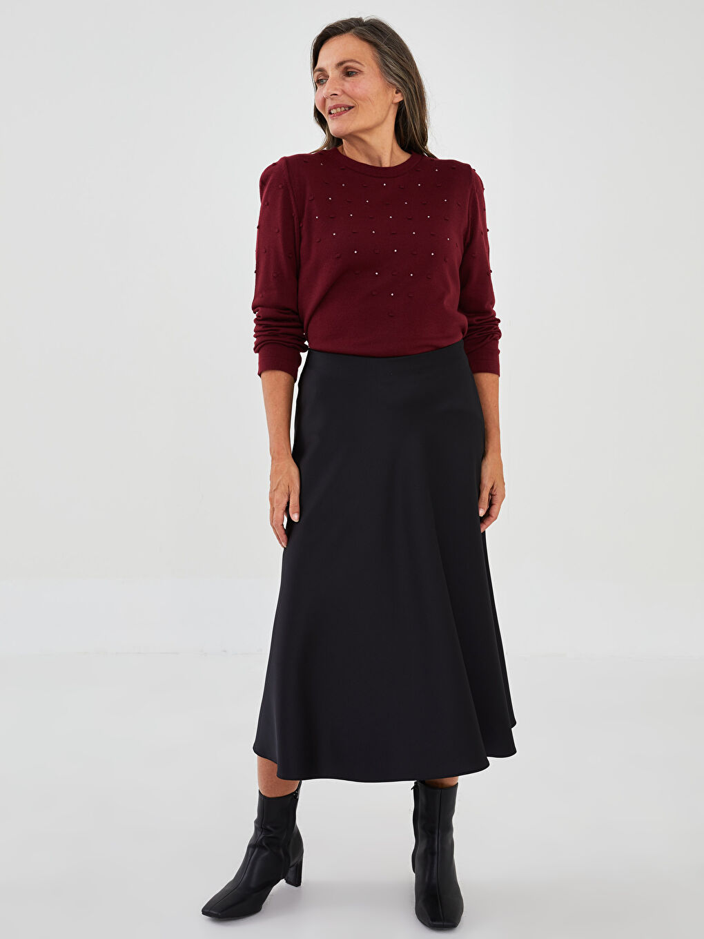 Bordo Bisiklet Yaka Kendinden Desenli Uzun Kollu Kadın Triko Kazak-2