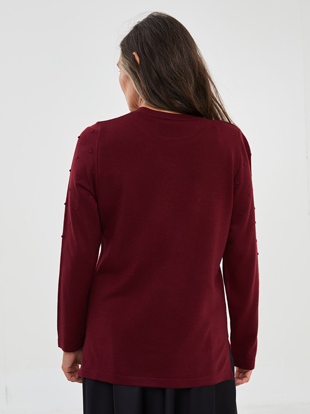 Bordo Bisiklet Yaka Kendinden Desenli Uzun Kollu Kadın Triko Kazak-4