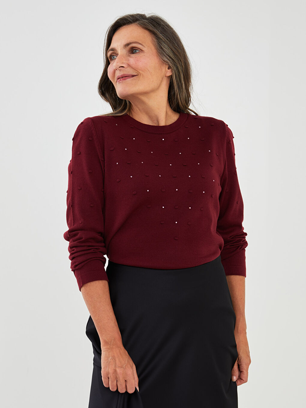 Bordo Bisiklet Yaka Kendinden Desenli Uzun Kollu Kadın Triko Kazak