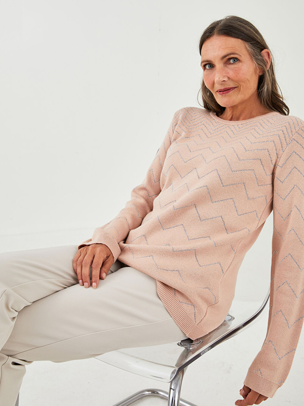Crew Neck Self Patterned Long Sleeve Women's Knitwear Sweater