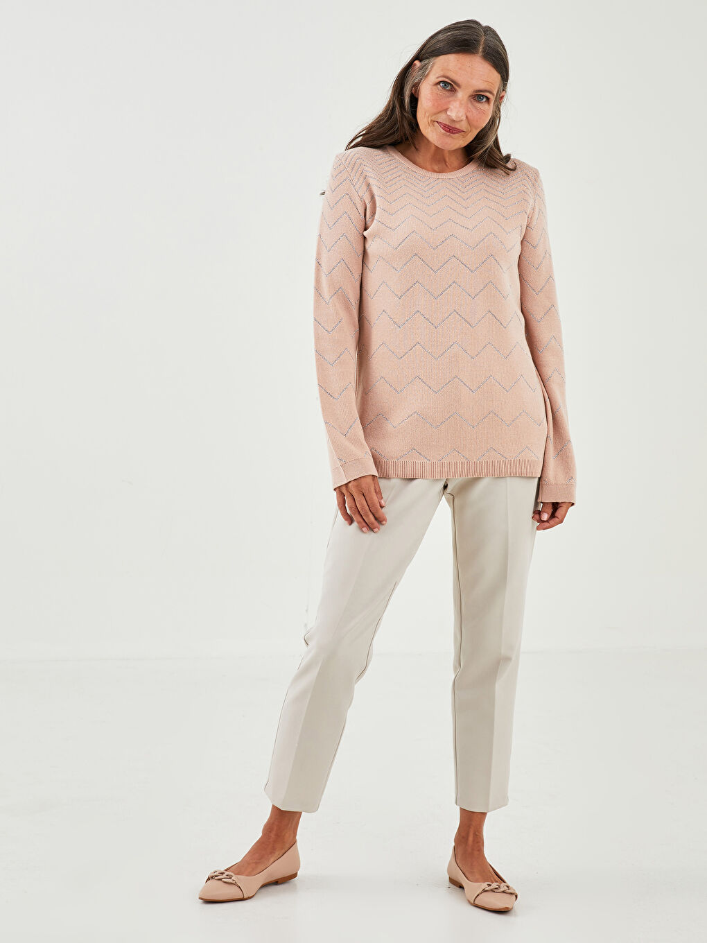 Crew Neck Self Patterned Long Sleeve Women's Knitwear Sweater-1