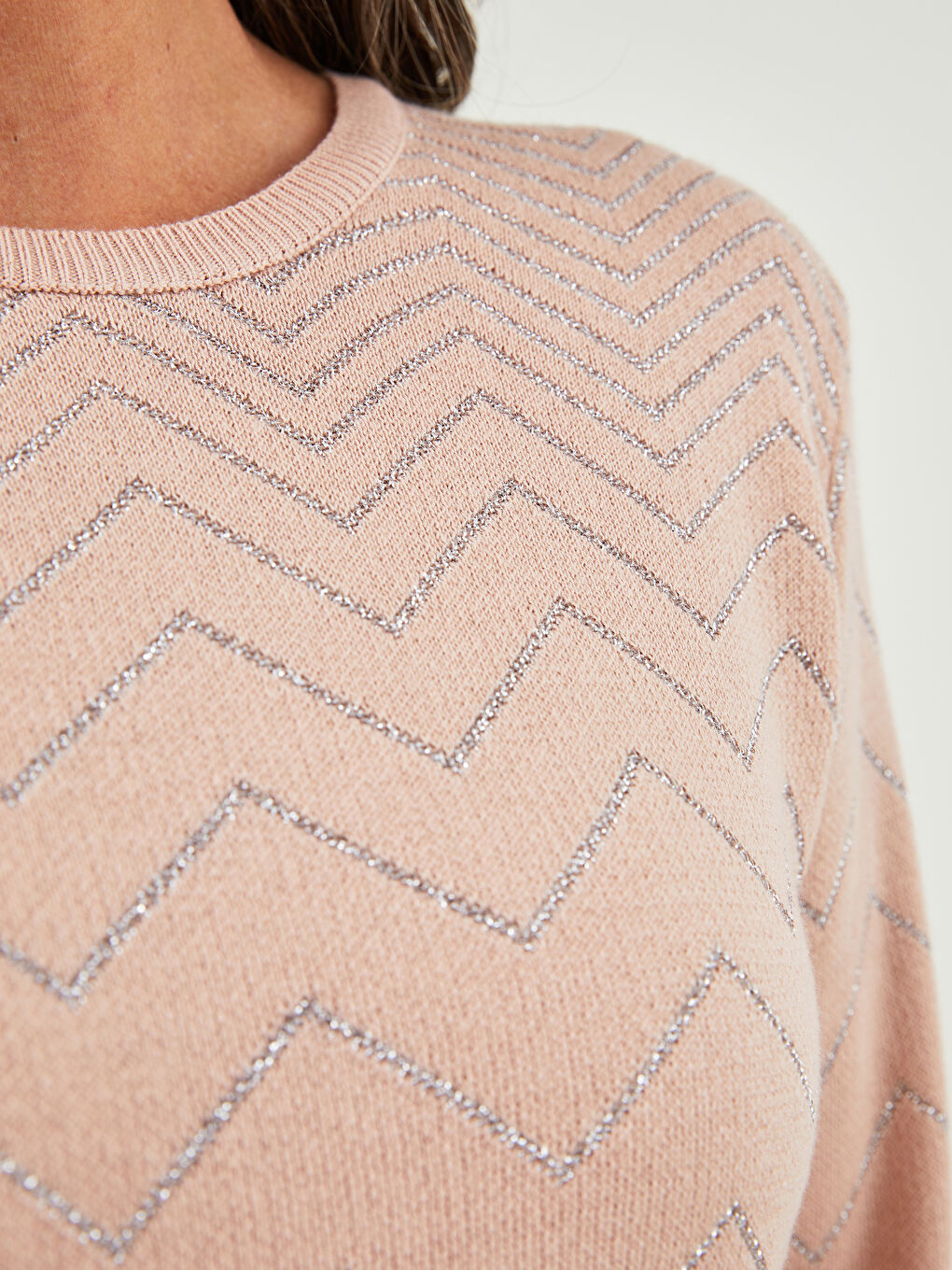 Crew Neck Self Patterned Long Sleeve Women's Knitwear Sweater-2