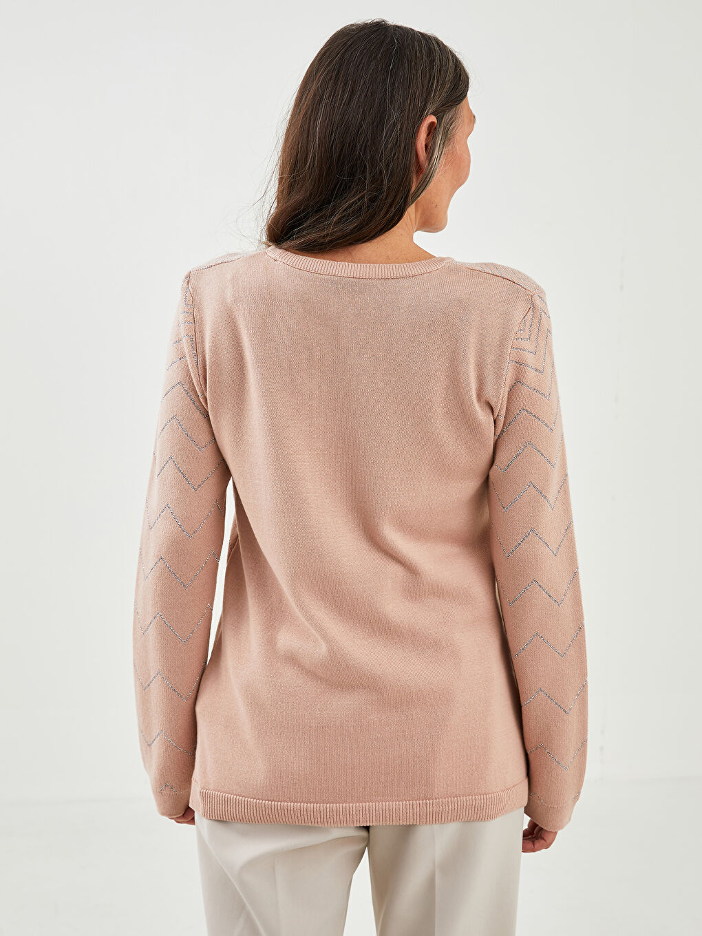 Crew Neck Self Patterned Long Sleeve Women's Knitwear Sweater-3