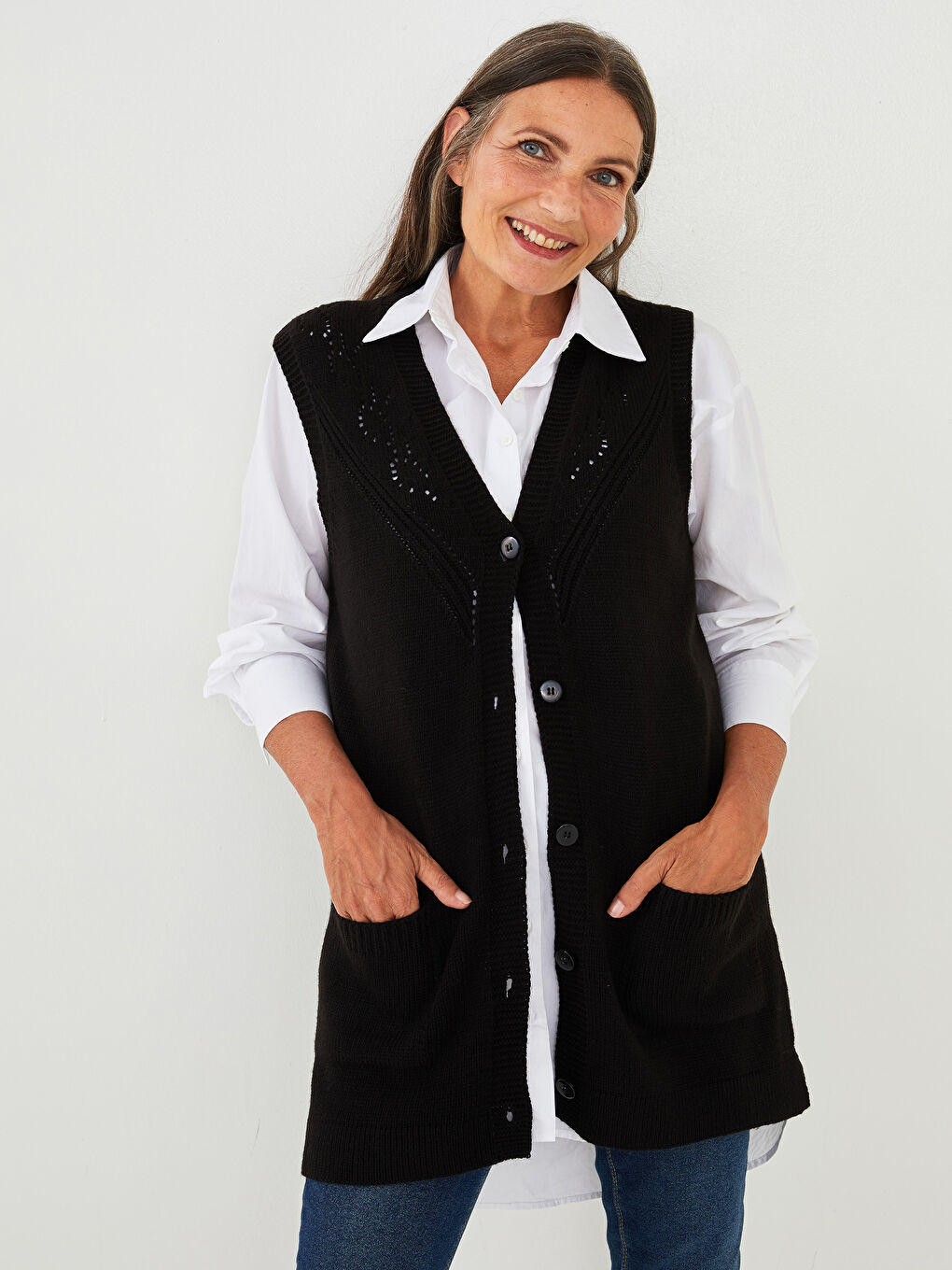 LCW Grace V Neck Self Patterned Pocket Detailed Women's Knitwear Vest -W1DK73Z8-CVL