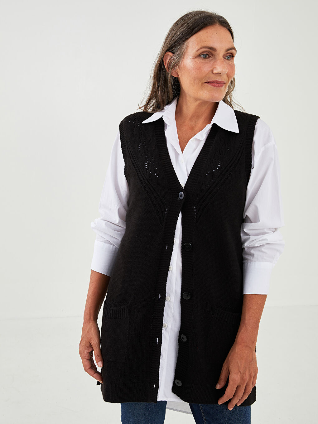 LCW Grace V Neck Self Patterned Pocket Detailed Women's Knitwear Vest -W1DK73Z8-CVL
