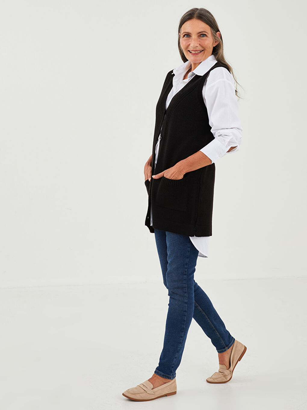 LCW Grace V Neck Self Patterned Pocket Detailed Women's Knitwear Vest -W1DK73Z8-CVL