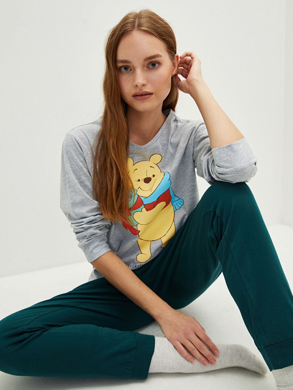 LC Waikiki Crew Neck Winnie the Pooh Printed Long Sleeve Cotton Women's Pajamas Set -W1DK76Z8-HGH