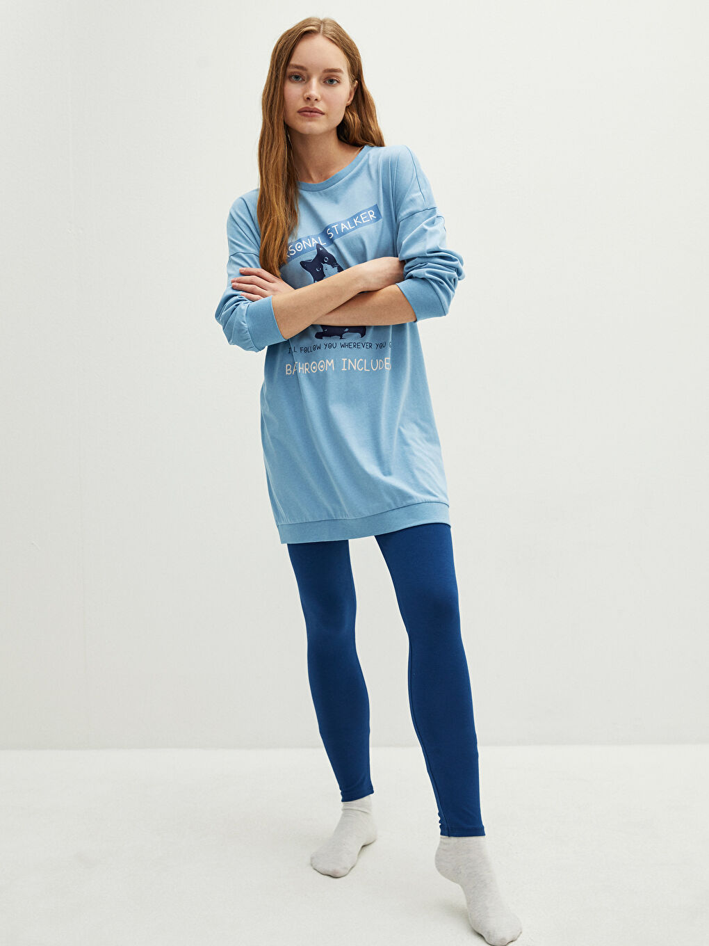 Ensemble de pyjama à manches longues imprimé à col rond pour femmes-4