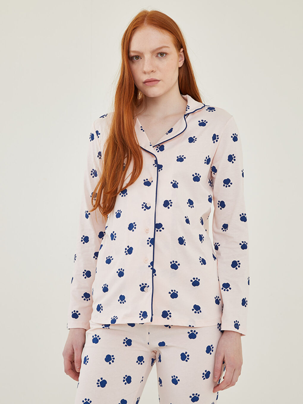 LCW DREAM Shirt Collar Patterned Long Sleeve Women's Cotton Pajamas Set -W1DK82Z8-LSZ