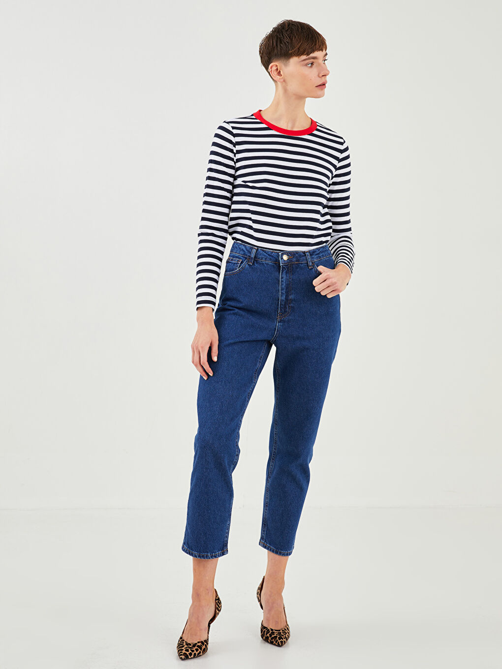 Lacivert Bisiklet Yaka Çizgili Uzun Kollu Kadın Tişört