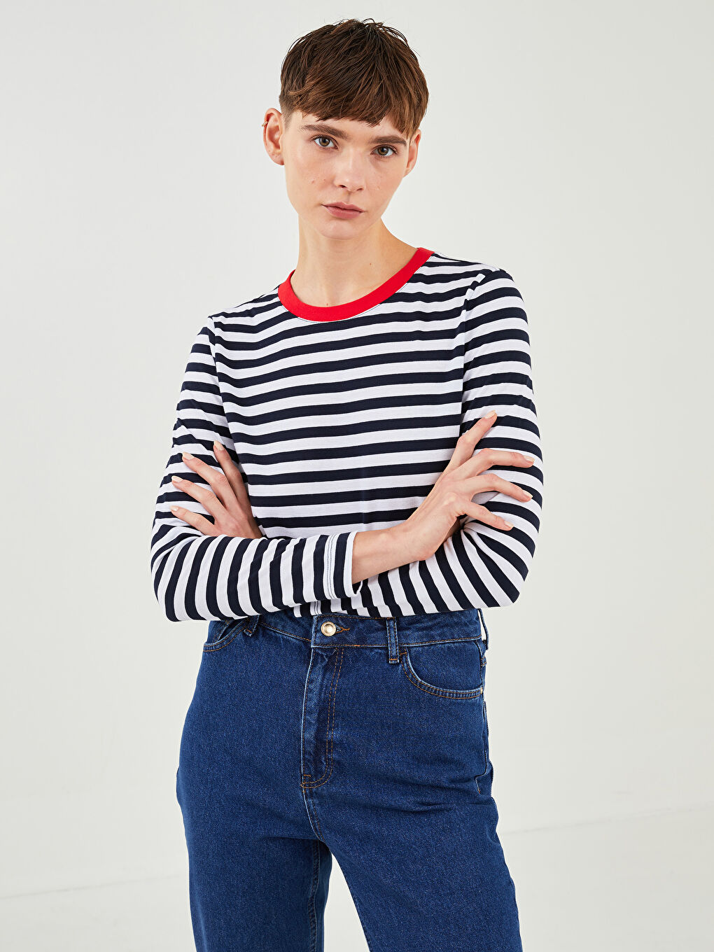 Lacivert Bisiklet Yaka Çizgili Uzun Kollu Kadın Tişört-1