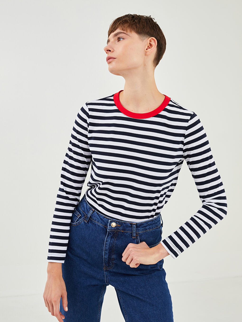 Lacivert Bisiklet Yaka Çizgili Uzun Kollu Kadın Tişört-2