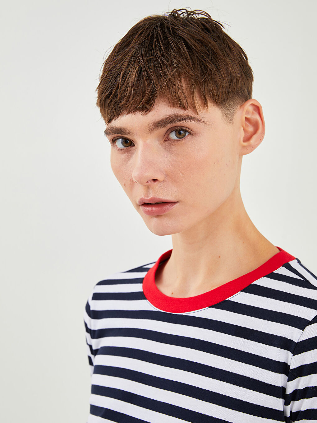 Lacivert Bisiklet Yaka Çizgili Uzun Kollu Kadın Tişört-3