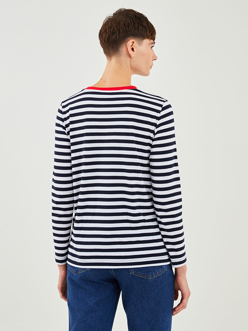 Lacivert Bisiklet Yaka Çizgili Uzun Kollu Kadın Tişört-4