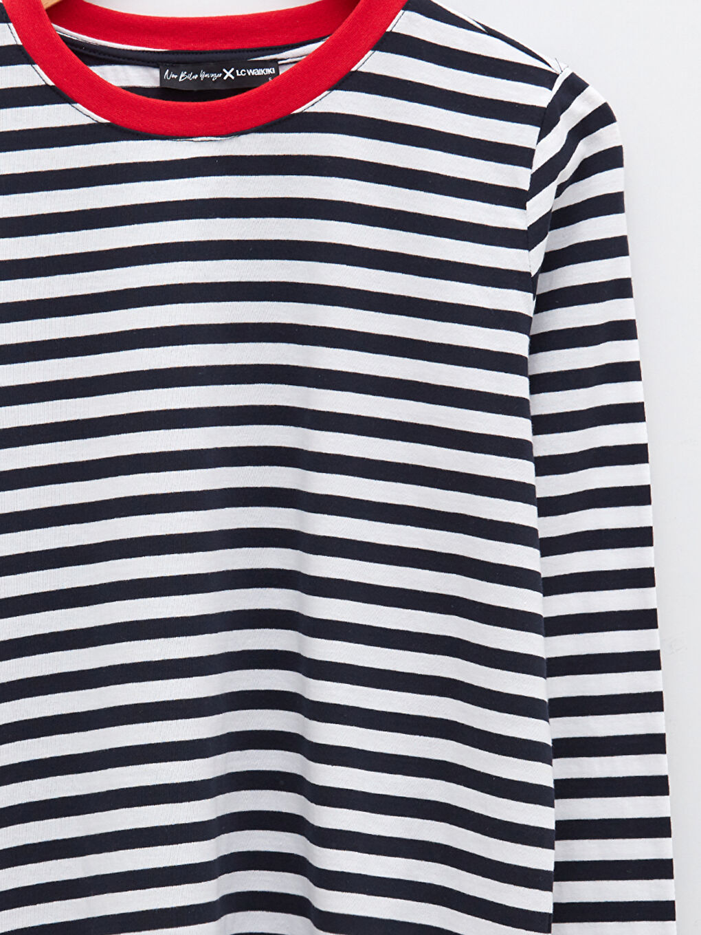 Lacivert Bisiklet Yaka Çizgili Uzun Kollu Kadın Tişört-7