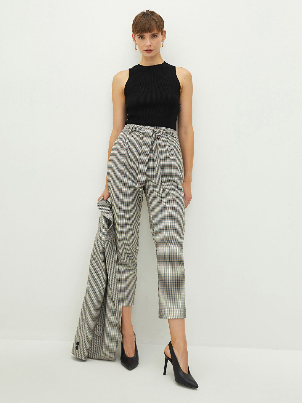 Pantaloni cu Talie Înaltă, Carouri, Croială Largă, Detalii cu Buzunare pentru Femei-1
