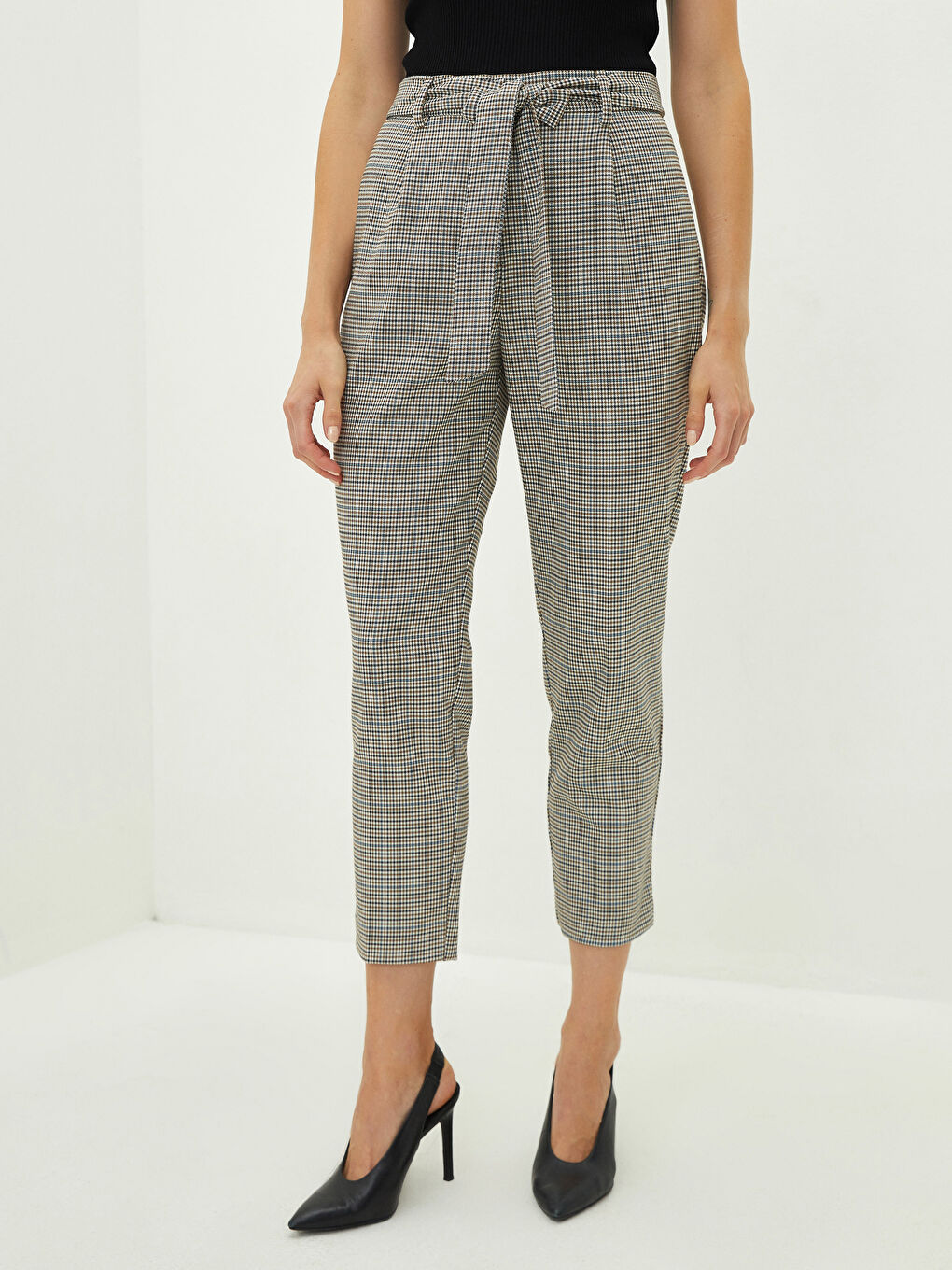 Pantaloni cu Talie Înaltă, Carouri, Croială Largă, Detalii cu Buzunare pentru Femei-2