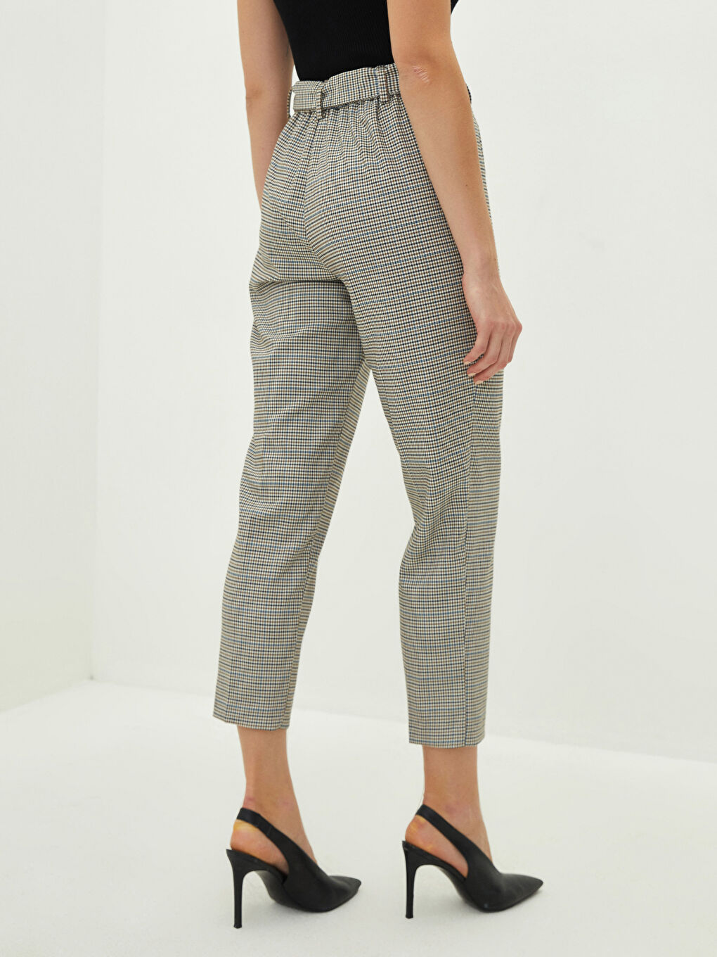 Pantaloni cu Talie Înaltă, Carouri, Croială Largă, Detalii cu Buzunare pentru Femei-3