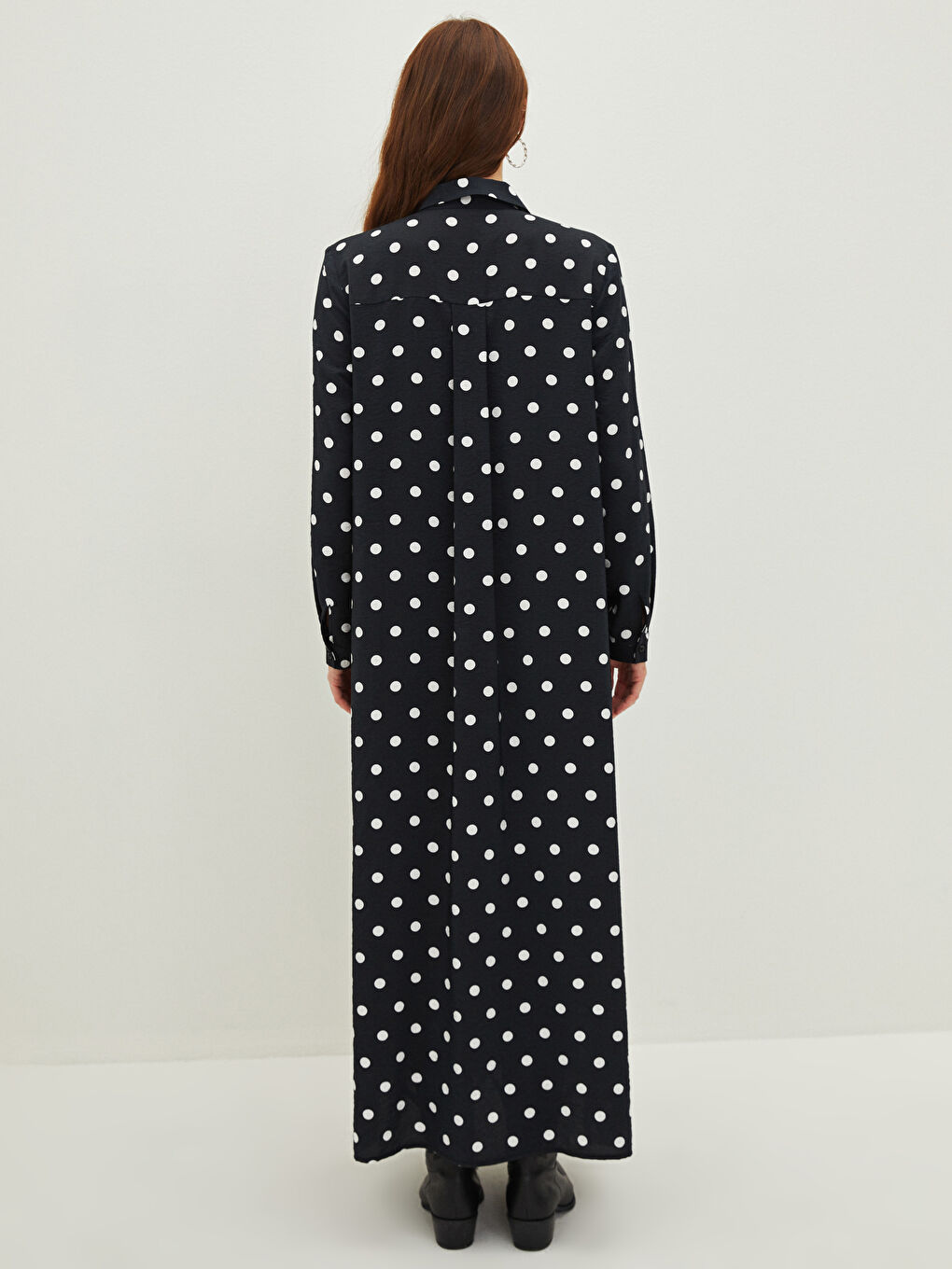 Siyah Gömlek Yaka Puantiyeli Uzun Kollu Kadın Elbise-3