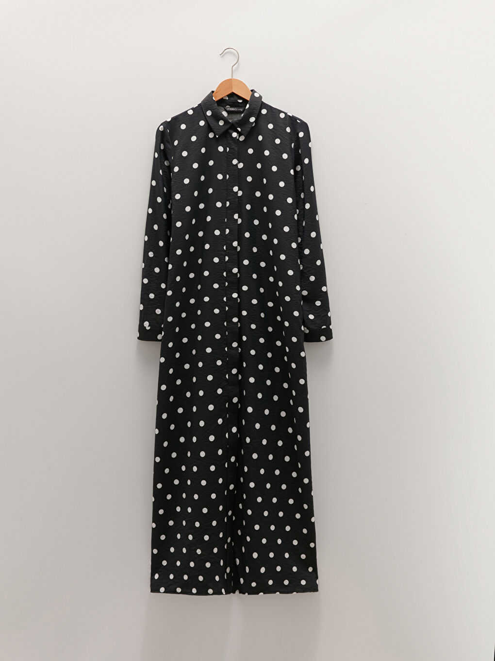 Siyah Gömlek Yaka Puantiyeli Uzun Kollu Kadın Elbise-4