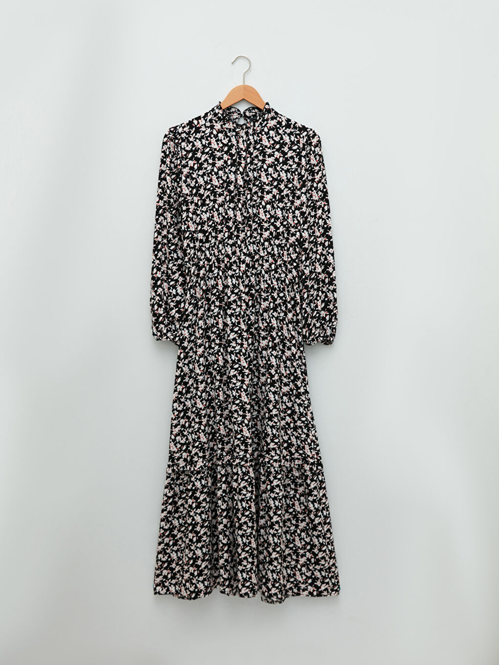 Siyah Fırfırlı Yaka Çiçekli Uzun Kollu Maroken Kadın Elbise-5