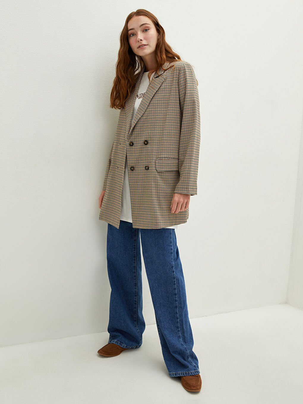 Kahverengi Önden Düğmeli Ekose Uzun Kollu Kadın Ceket