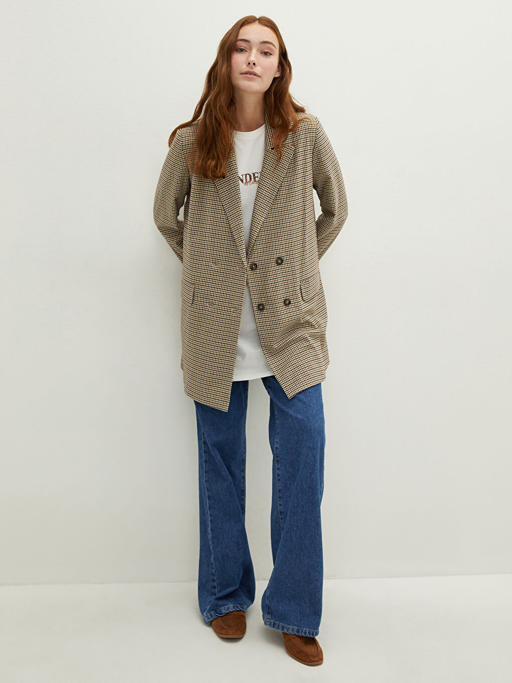 Kahverengi Önden Düğmeli Ekose Uzun Kollu Kadın Ceket-1