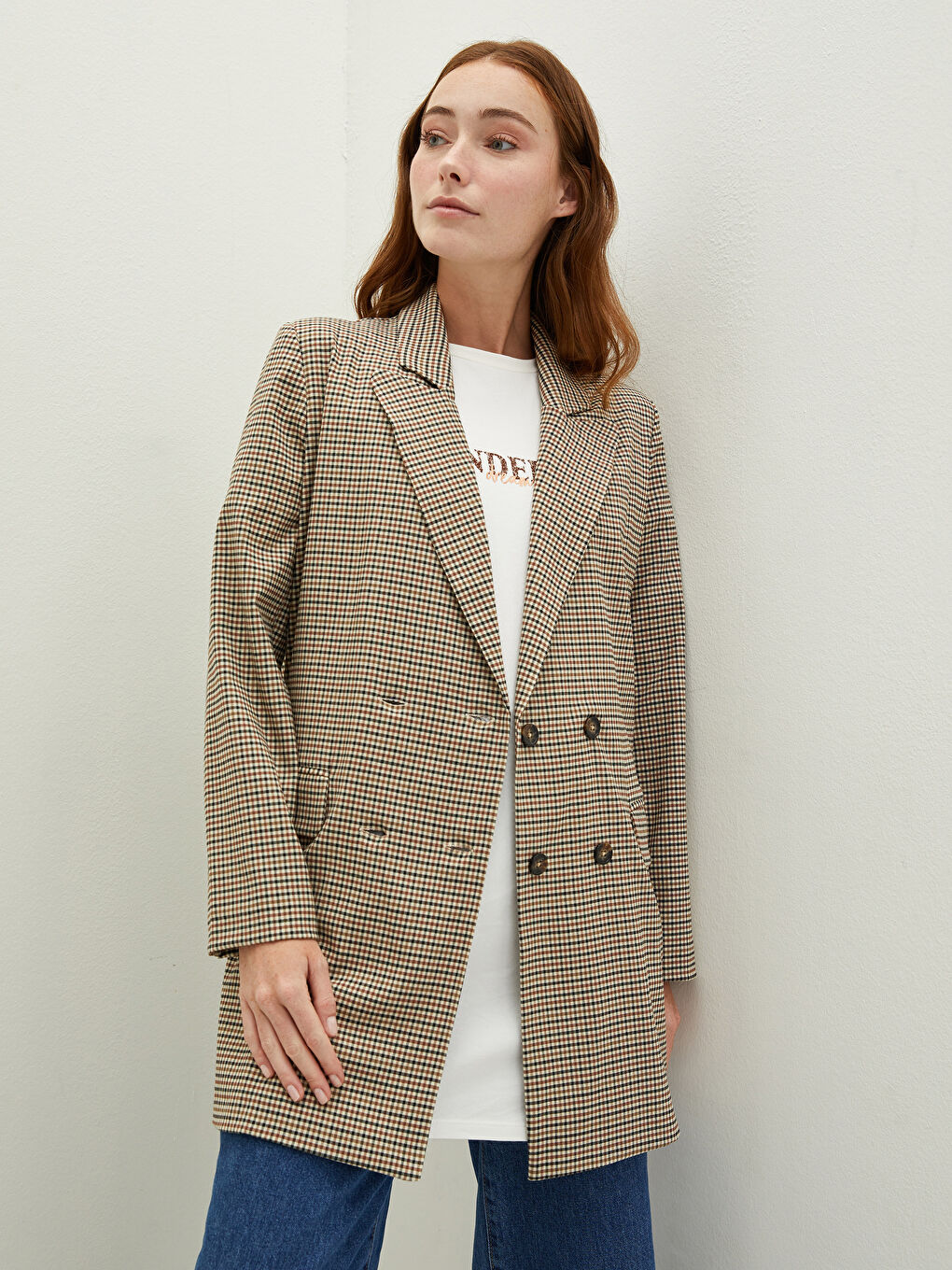 Kahverengi Önden Düğmeli Ekose Uzun Kollu Kadın Ceket-2