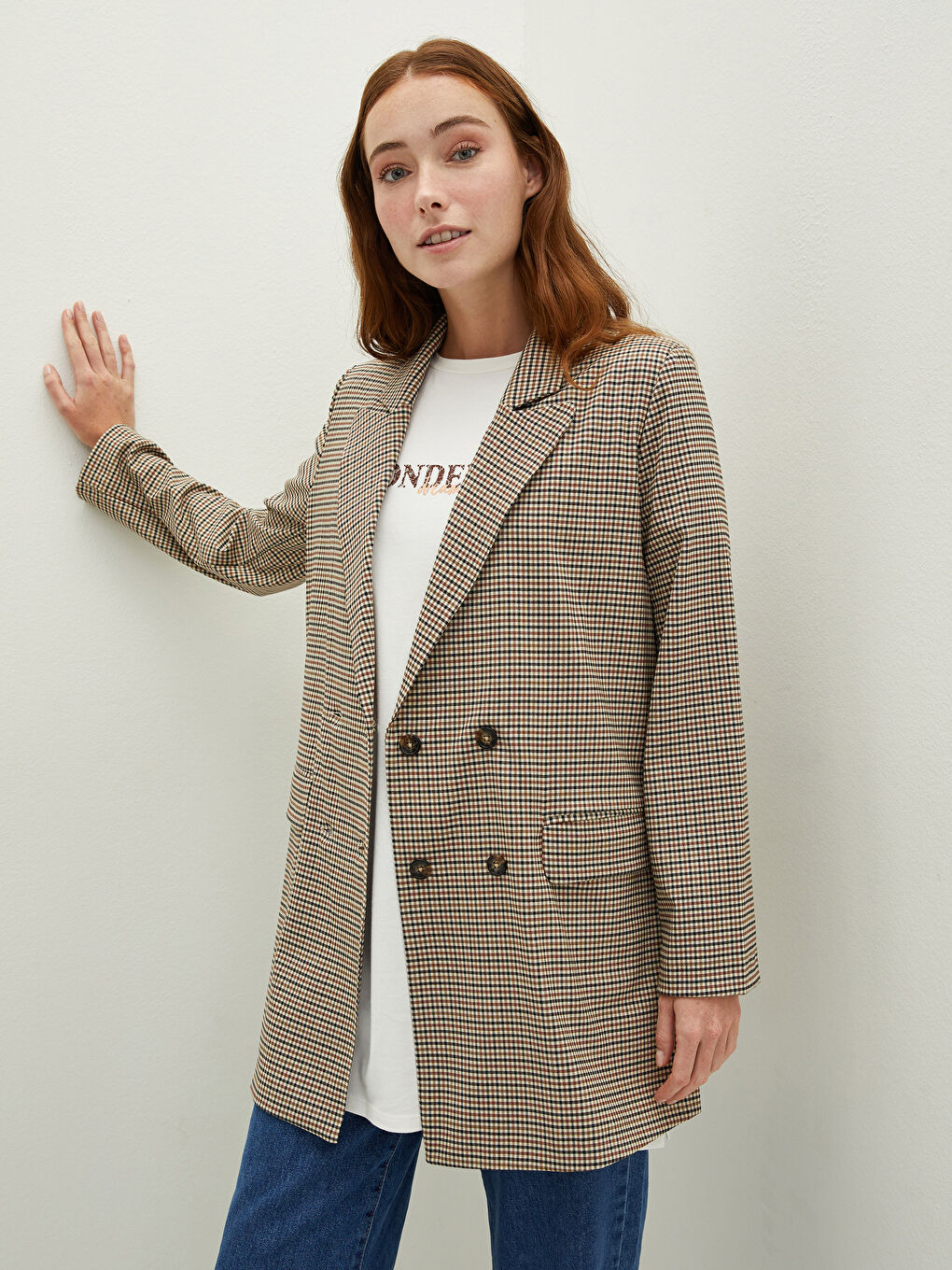 Kahverengi Önden Düğmeli Ekose Uzun Kollu Kadın Ceket-3