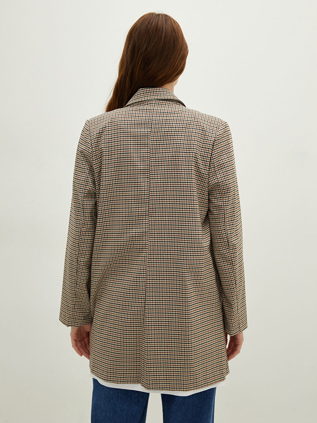 Kahverengi Önden Düğmeli Ekose Uzun Kollu Kadın Ceket-4