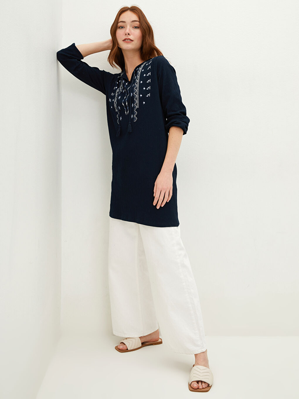 Tie Collar Printed Long Sleeve Women's Tunic-1