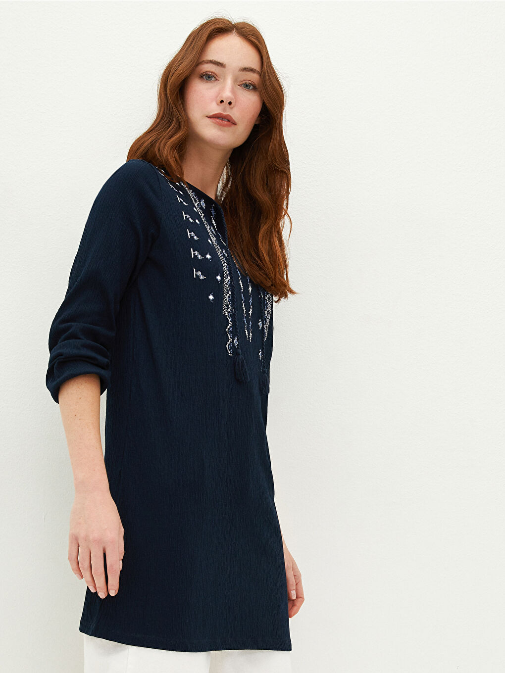 Tie Collar Printed Long Sleeve Women's Tunic-2