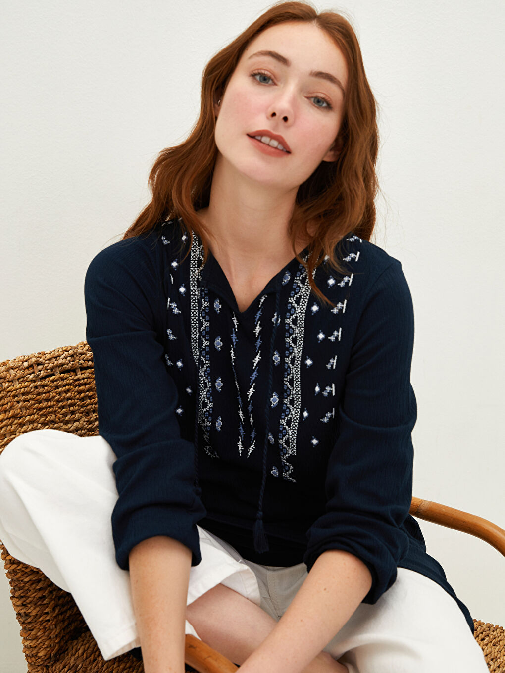 Tie Collar Printed Long Sleeve Women's Tunic-4