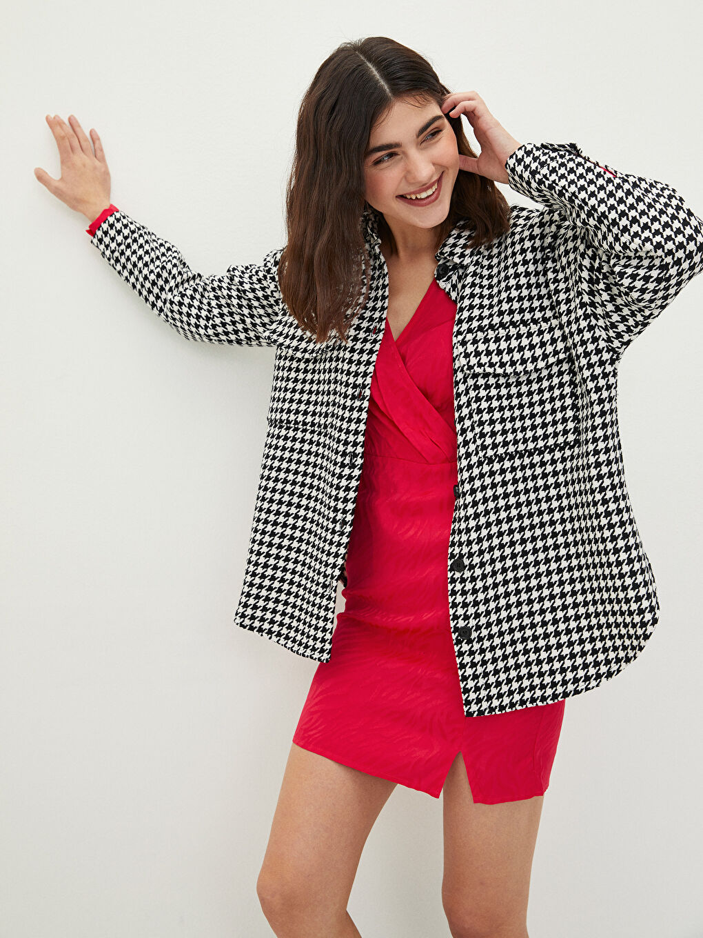 Front Button Closure Crowbar Patterned Long Sleeve Women's Shirt Jacket