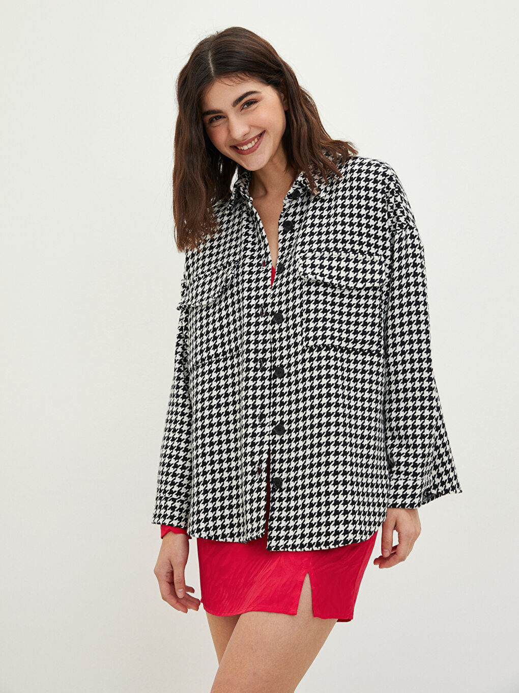 Front Button Closure Crowbar Patterned Long Sleeve Women's Shirt Jacket-1