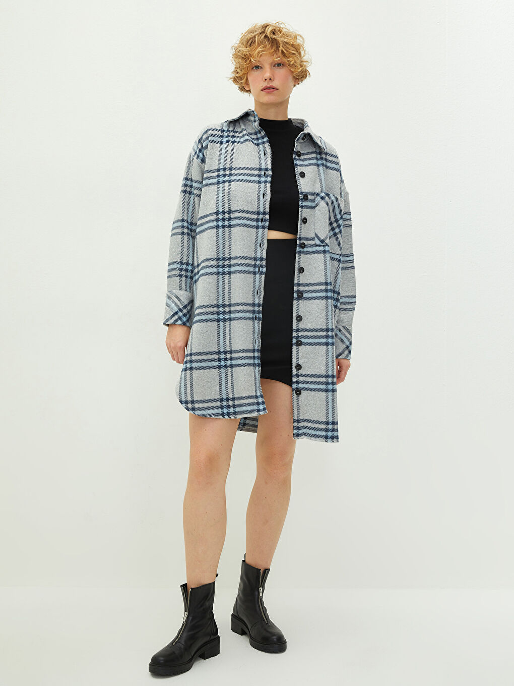 LCW Vision Shirt Collar Plaid Pocket Detailed Long Sleeve Women's Shirt Jacket -W1DO93Z8-LN6
