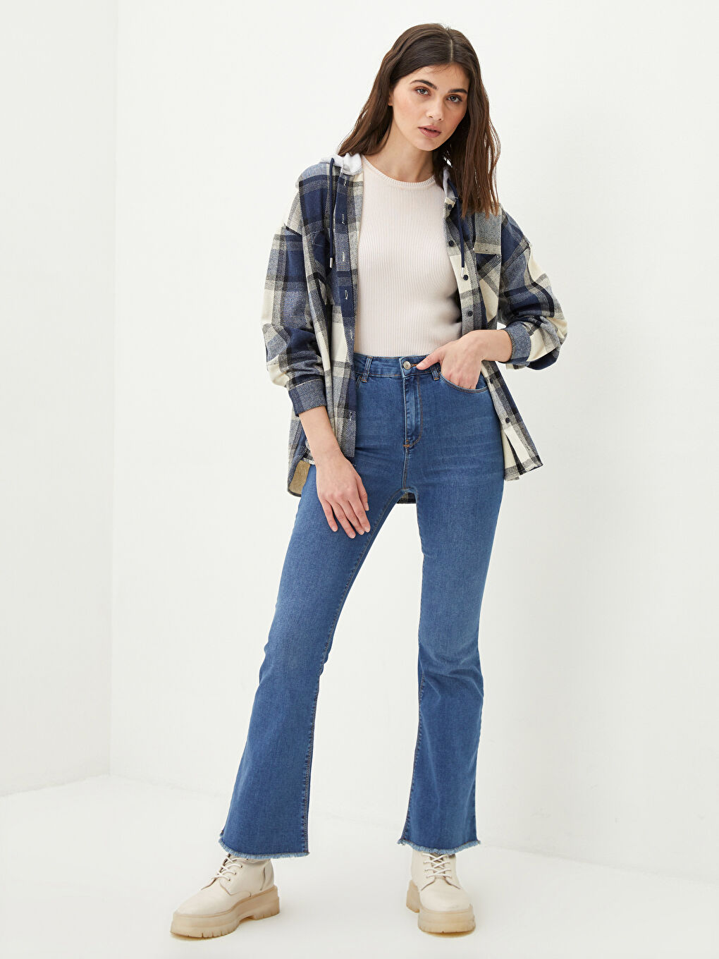 LCW Vision Mit Kapuze Karo Langarm Tasche Detaillierte Gabardine Damen Hemdjacke -W1DO96Z8-LN6