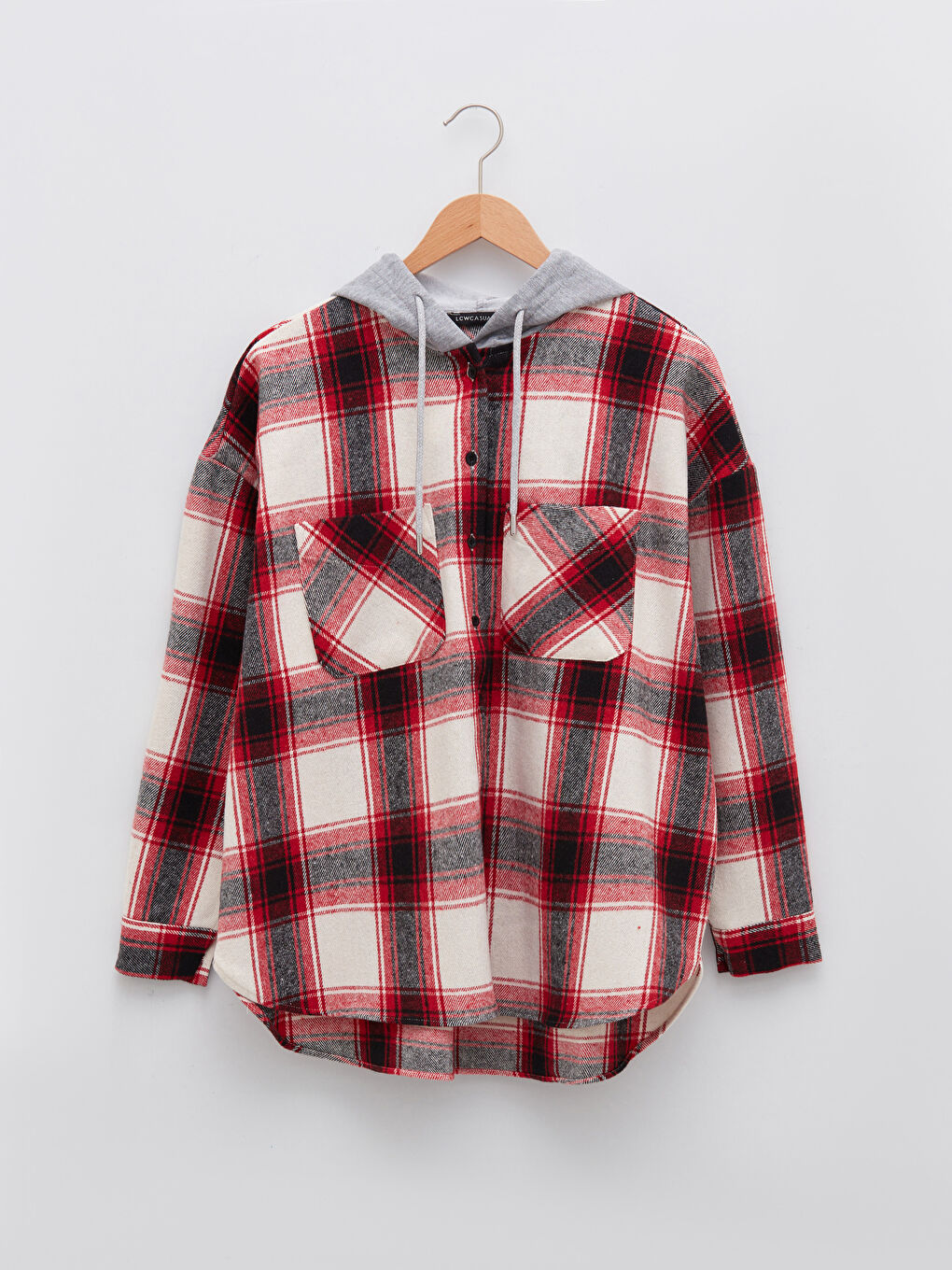 Hooded Plaid Long Sleeve Pocket Detailed Gabardine Women's Shirt Jacket-5