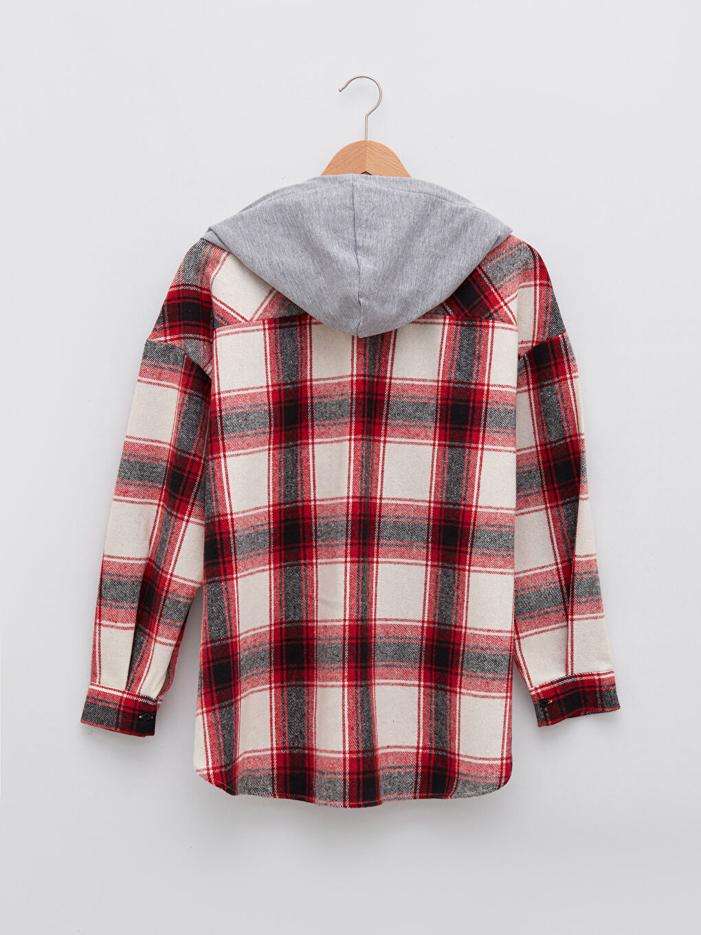 Hooded Plaid Long Sleeve Pocket Detailed Gabardine Women's Shirt Jacket-6